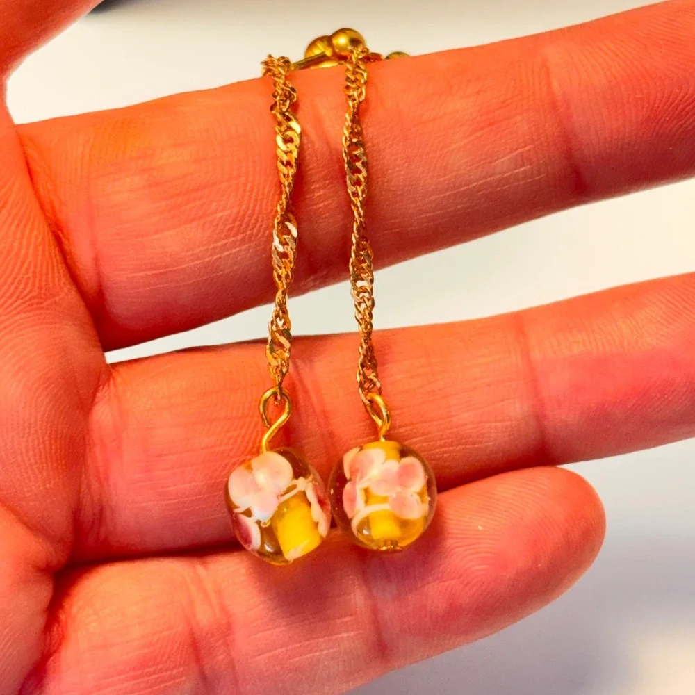 Vintage Glass Drop Earrings Gold Pink Floral Dangle Whimsygoth Boho Chic PL331